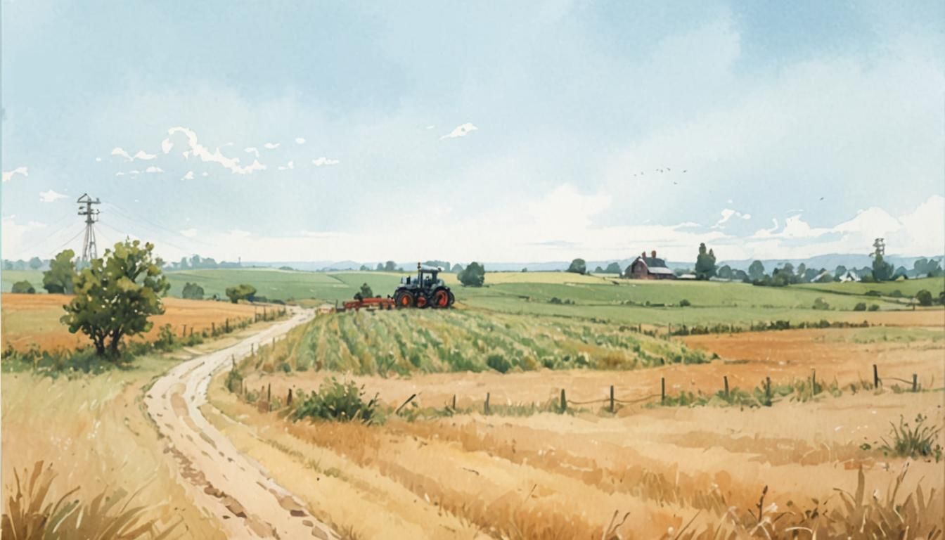Tractor in Field: Comic Book Watercolor Landscape