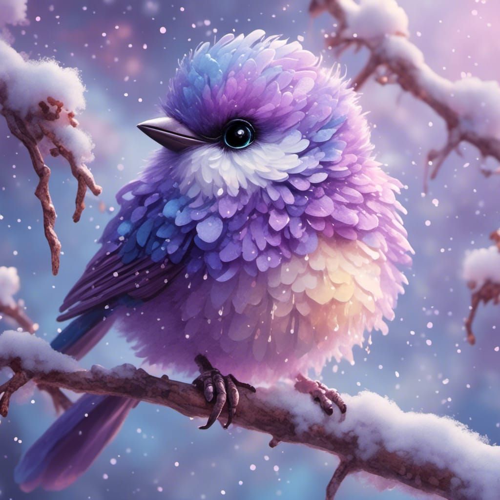 Fluffy Bird with Glowing Eyes in Pastel Winter Scene