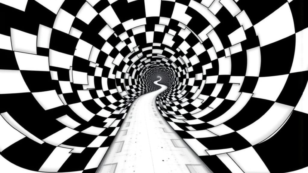 Black and White Optical Illusion Road Through Checkerboard C...