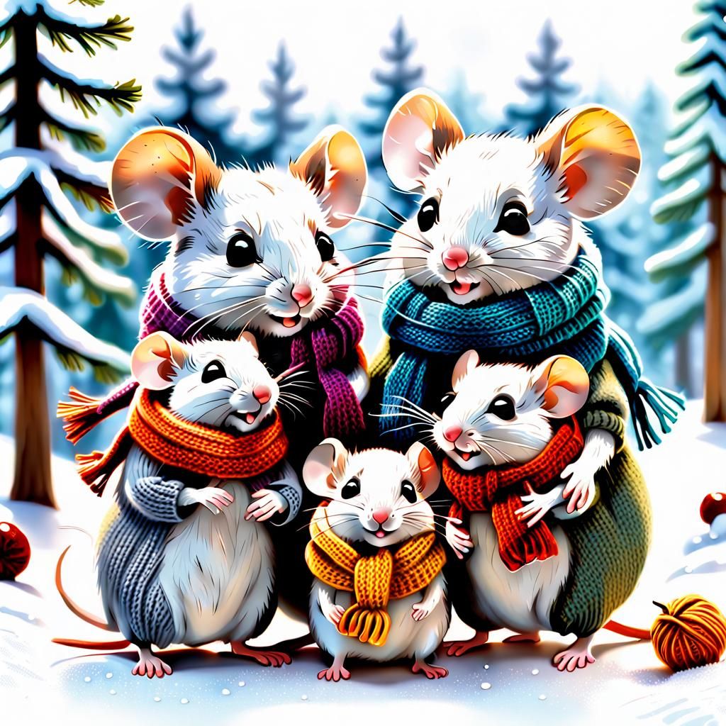 Heartwarming Mice Family in Winter Illustration