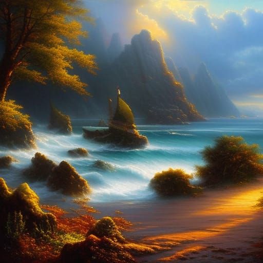 A beautiful fantasy coastal landscape. A real rugged landscape