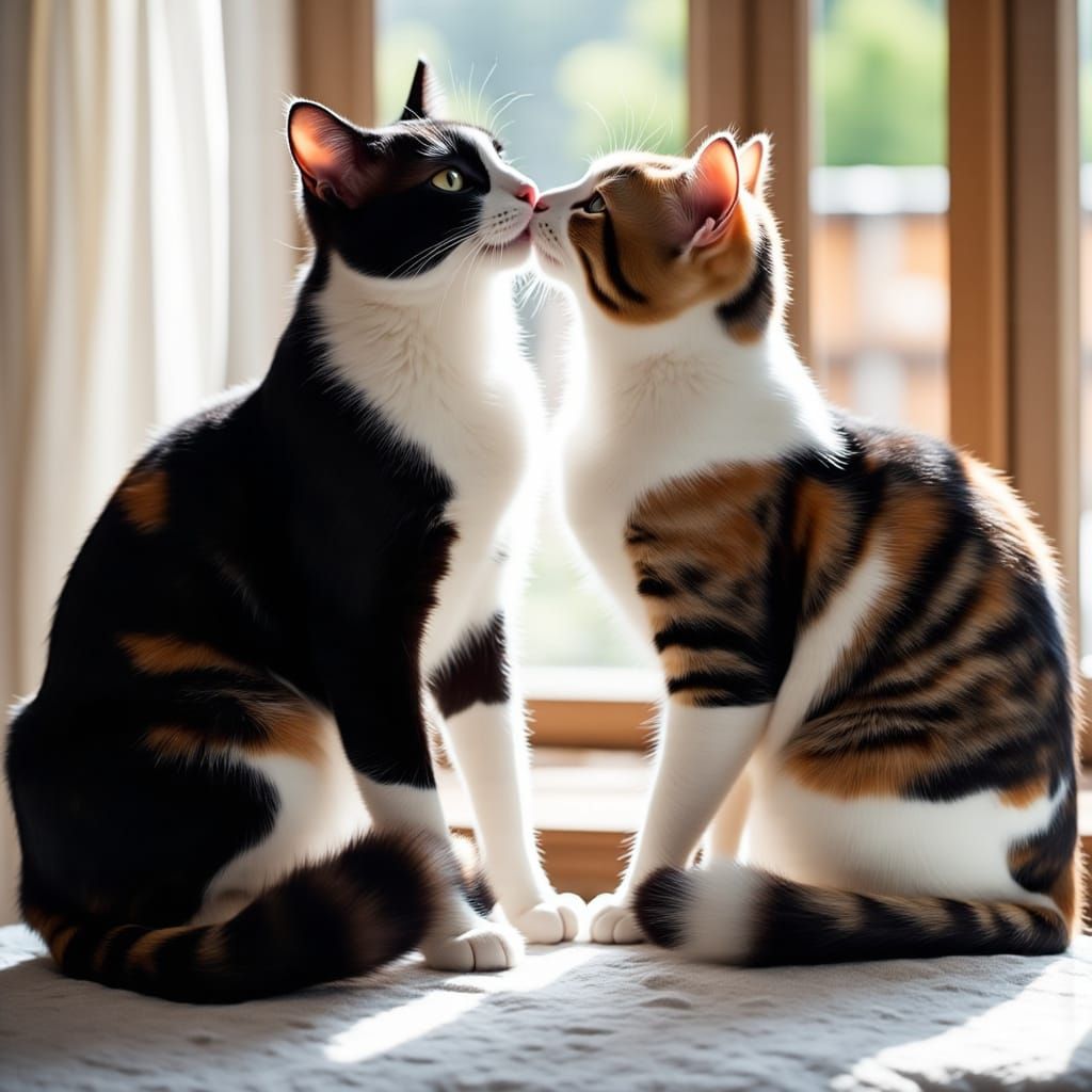 Two Cats Kissing in a Whimsical Art Style