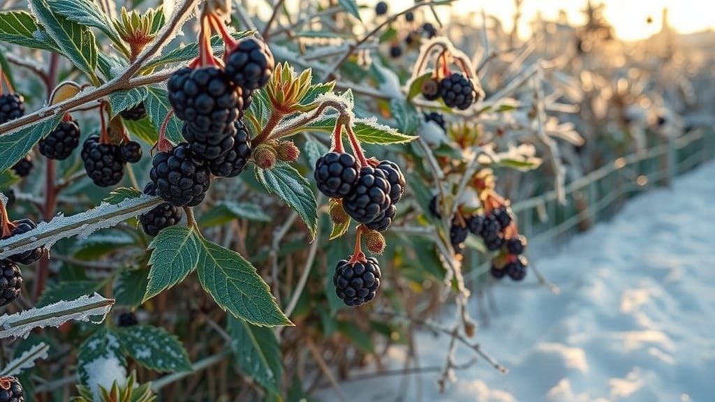 Frozen Winter Landscape with Ripe Black Blackberries in Russ...