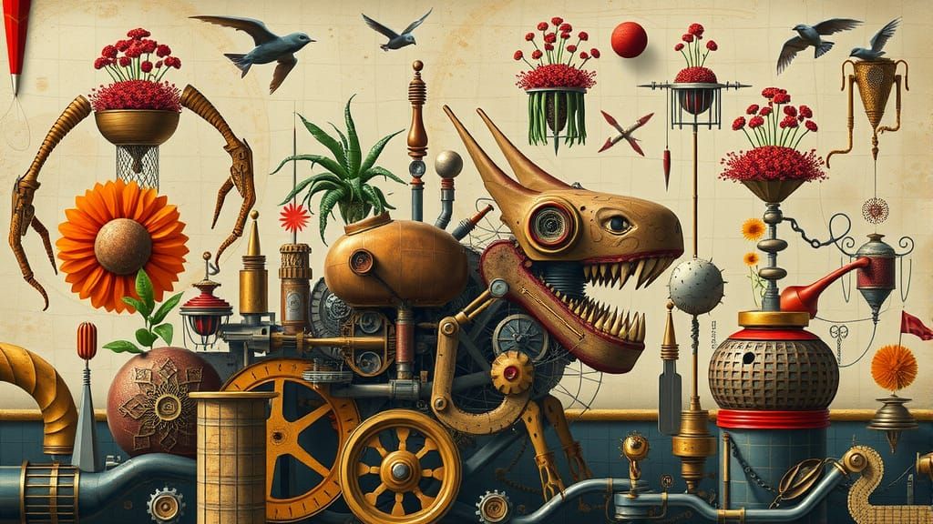 Surreal Hybrid Creatures in a Complex Collage