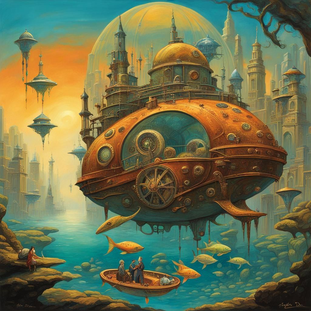Steampunk Submarine Approaches Underwater City in Art Nouvea...