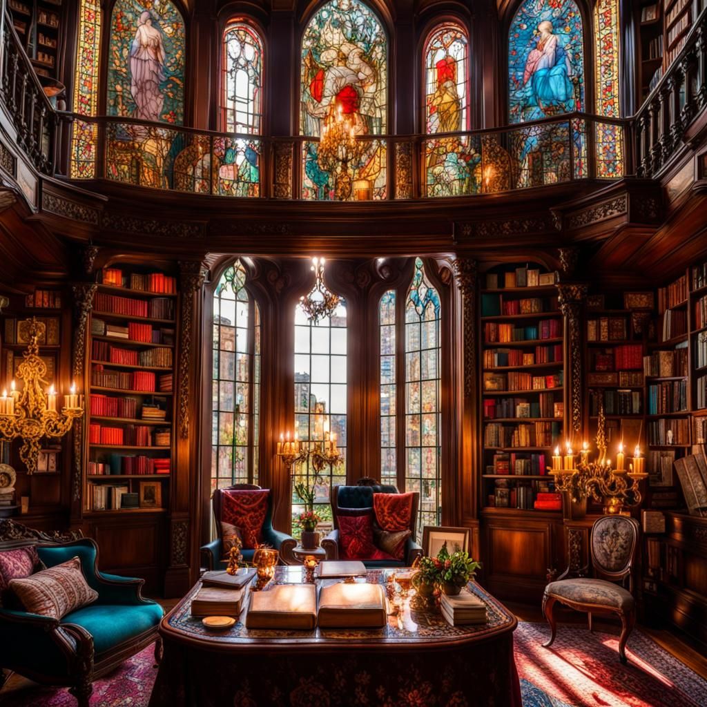 Luxurious Maximalist Library with Stained Glass Windows