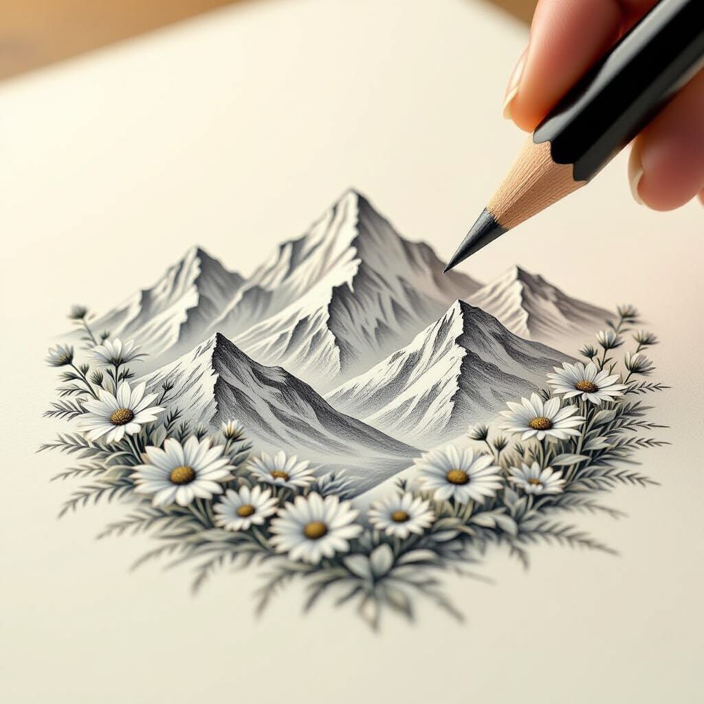 Hyperrealistic Pencil Drawing of a Mountainscape