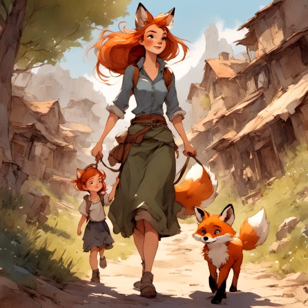 Fox-girl VIXEN, walking with her toddler daughter, Fox-girl Kitt (age 2)