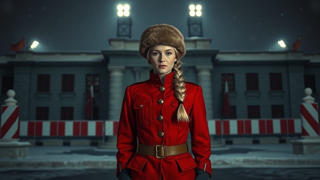 Woman in Red Military Uniform in Snowy Setting