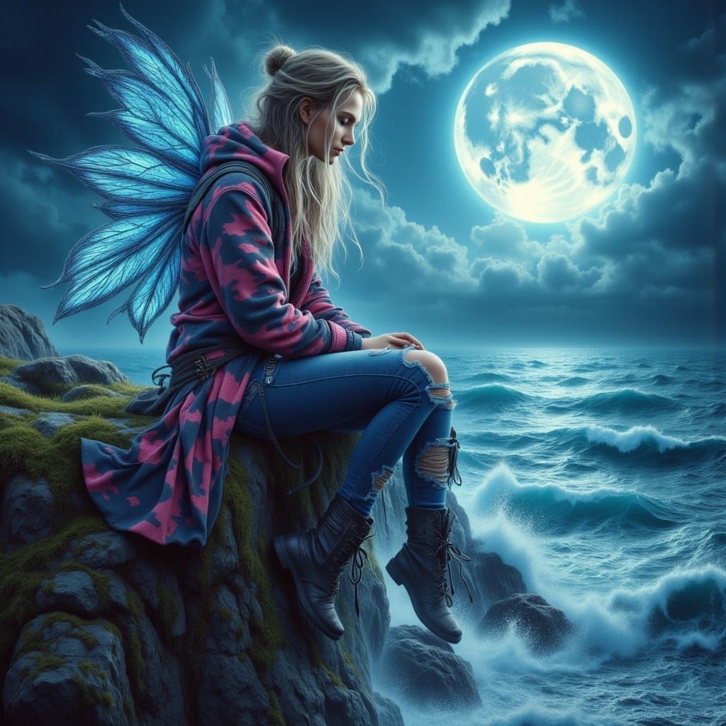 Whimsical Fairy on Cliff Under Blue Moon