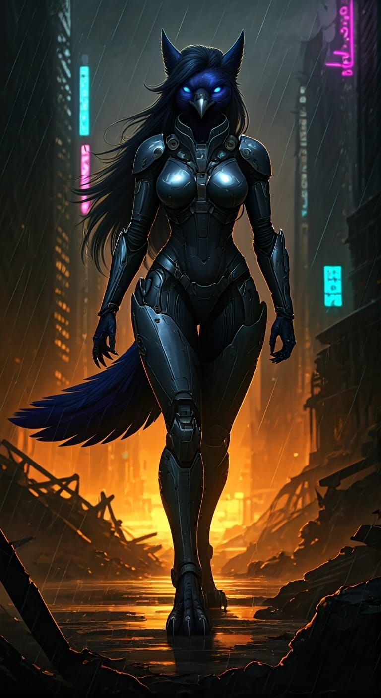 Raven Anthro in Dieselpunk Cityscape