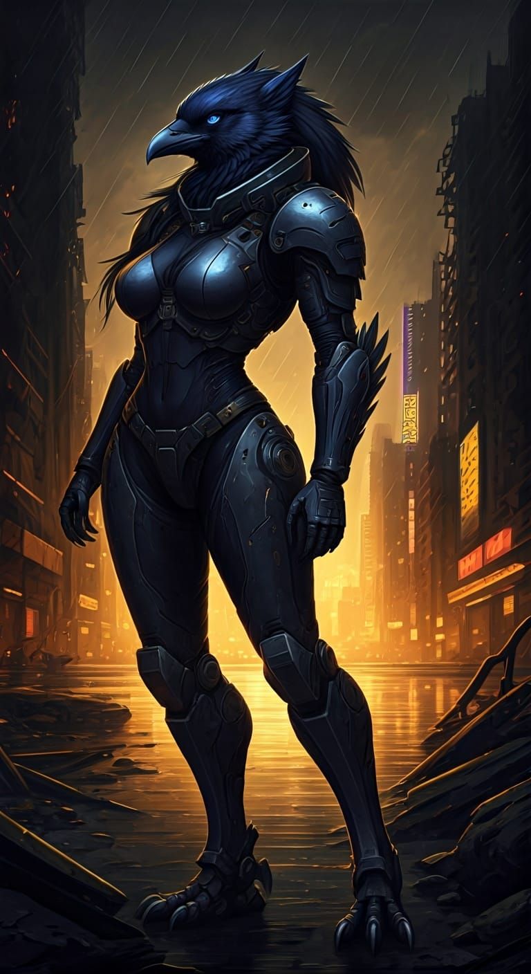 Raven Anthro in Dieselpunk Cityscape