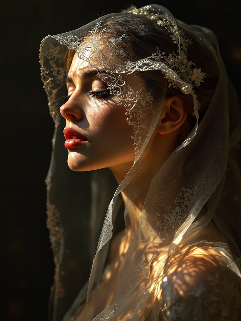 Victorian Woman in Filigree Veil and Shadows, Acrylic Pour A...