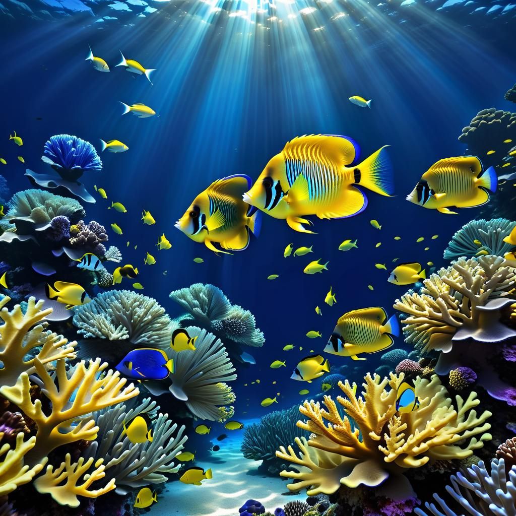 Hyperrealistic School of Yellow Fish in Blue Ocean