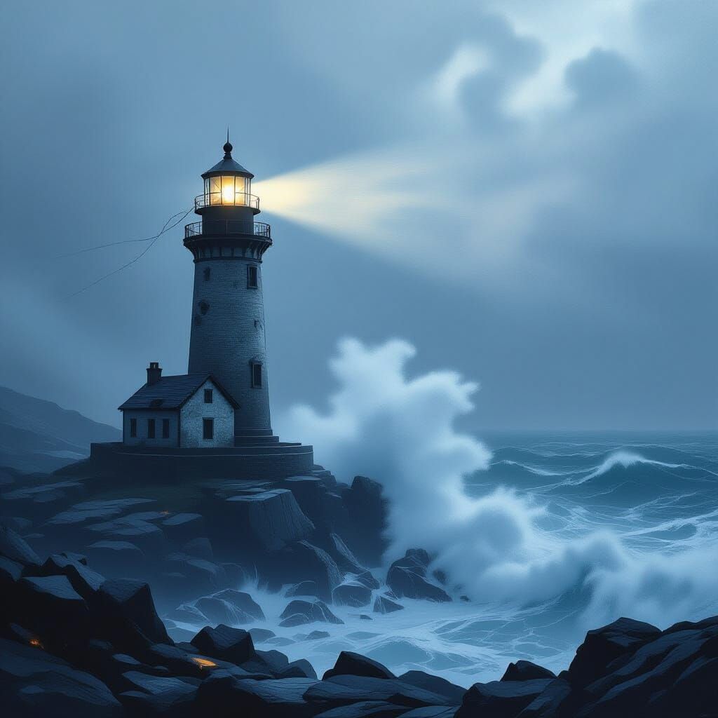 Dramatic Lighthouse Beam Pierces Stormy Sea Fog