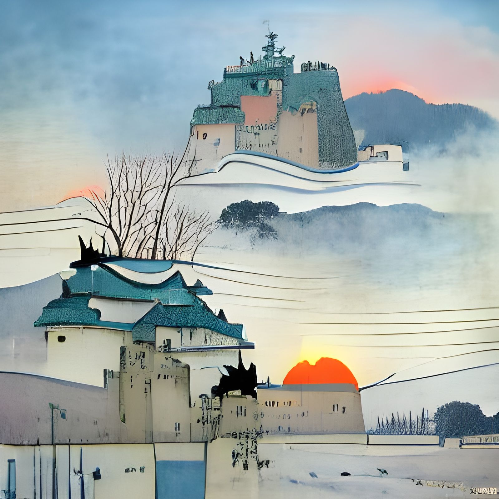 Winter Castle Sunrise in Ukiyo-e Style