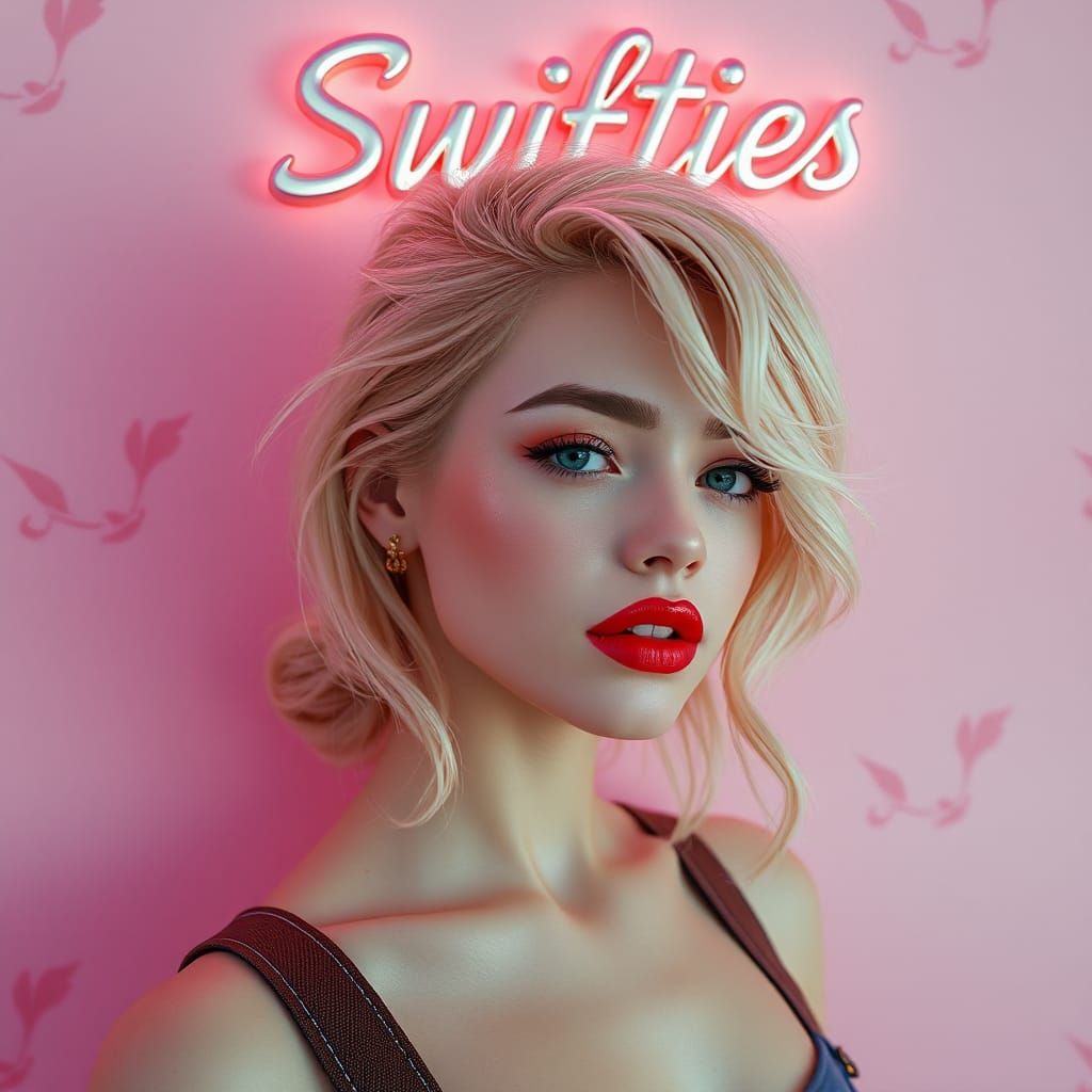 Ethereal Blonde Girl with Red Lipstick and Metallic Text