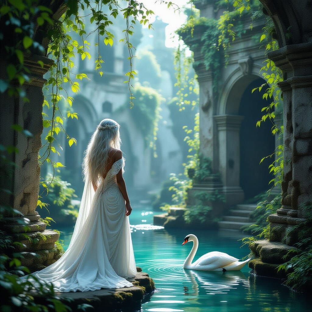 Ethereal Woman in Overgrown City at Dawn