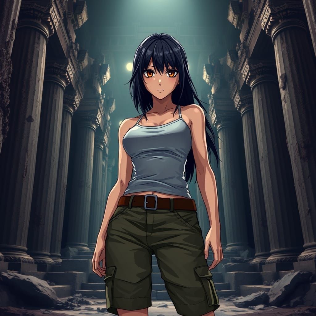 Anime Woman in Ancient Temple Ruins