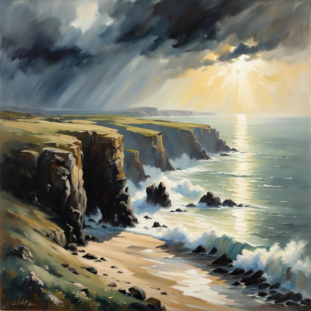 Majestic Coastal Scene in Impressionist Oil Painting Style