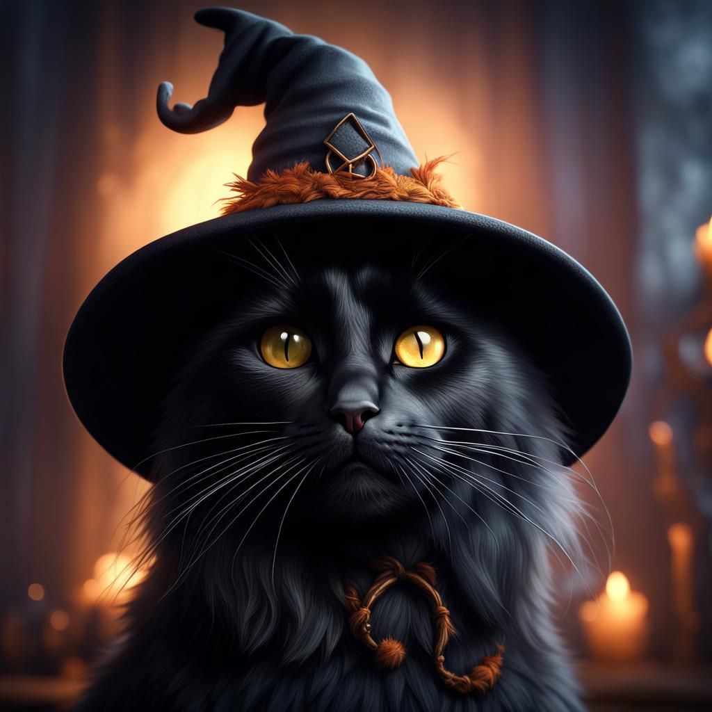 Fluffy Black Cat in Witch Hat, Matte Painting