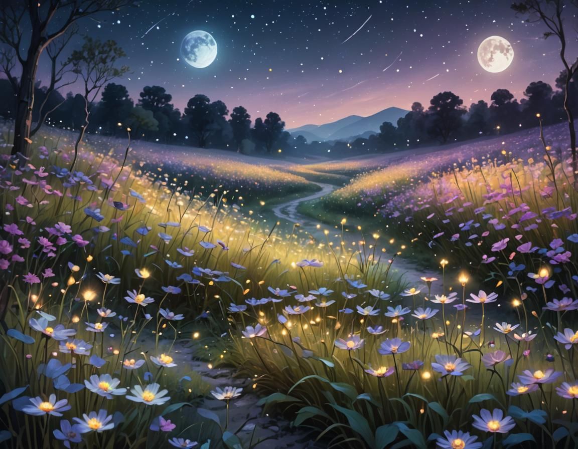 Ethereal Firefly Band in Moonlit Flower Field