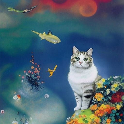 Biopunk Cat: Woodblock and Surreal Painting