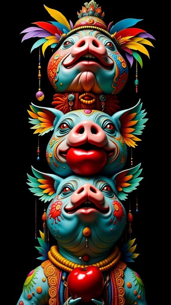 Whimsical Stacked Pig Totem Pole in Folk Art Style