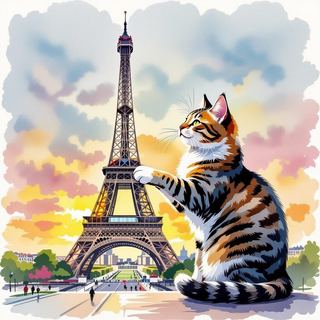 Giant Cat Plays With Eiffel Tower: Ink Painting
