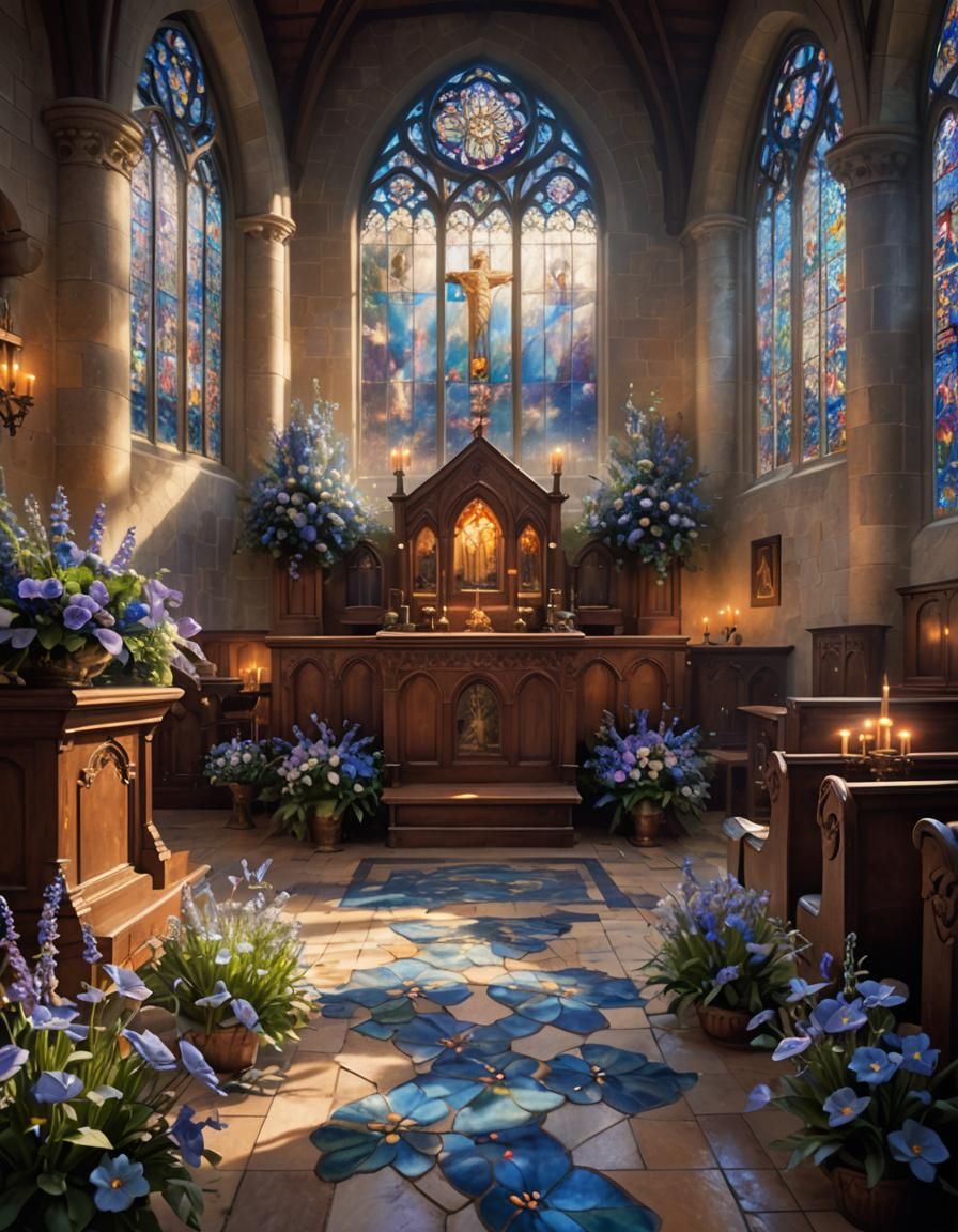 Ethereal Church Interior with Stained Glass in Magical Reali...