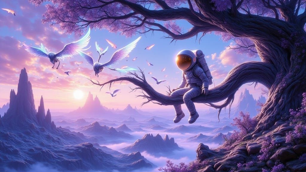 Sleek Astronaut Stands on Twisted Tree Branch in Vibrant Ali...