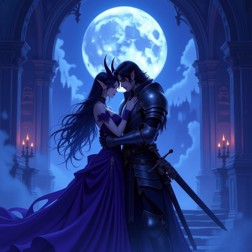 Gothic Anime Demoness Embraces Tattered Knight