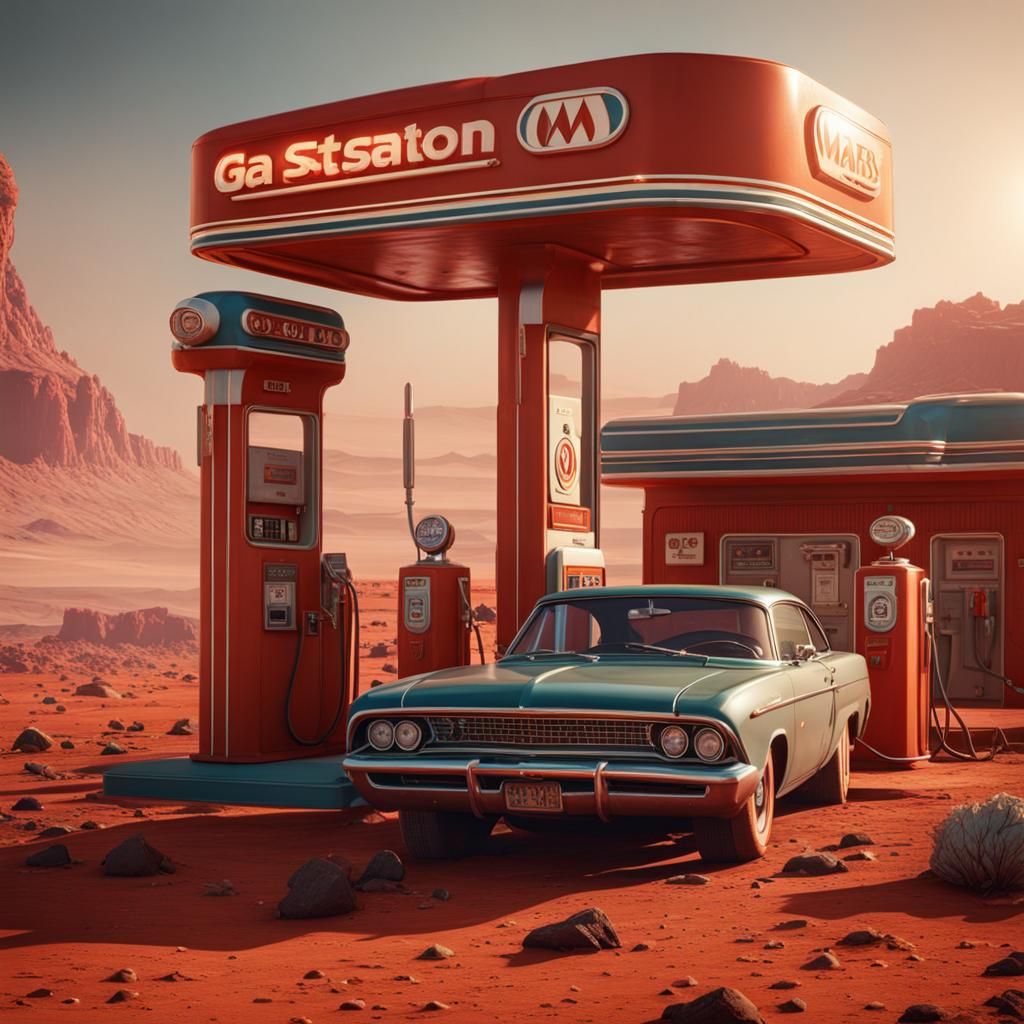 Retro Gas Station on Mars in Detailed Matte Painting