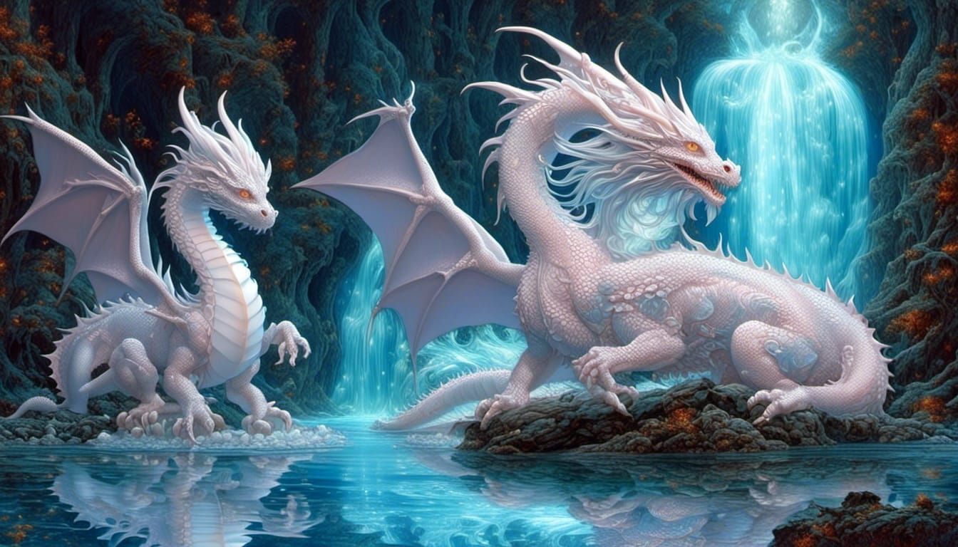 Psychedelic Dragon Soaring Above Waterfall, Fractal Art