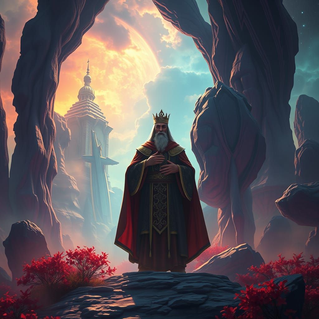 Majestic Figure Testifies in Mystical Landscape