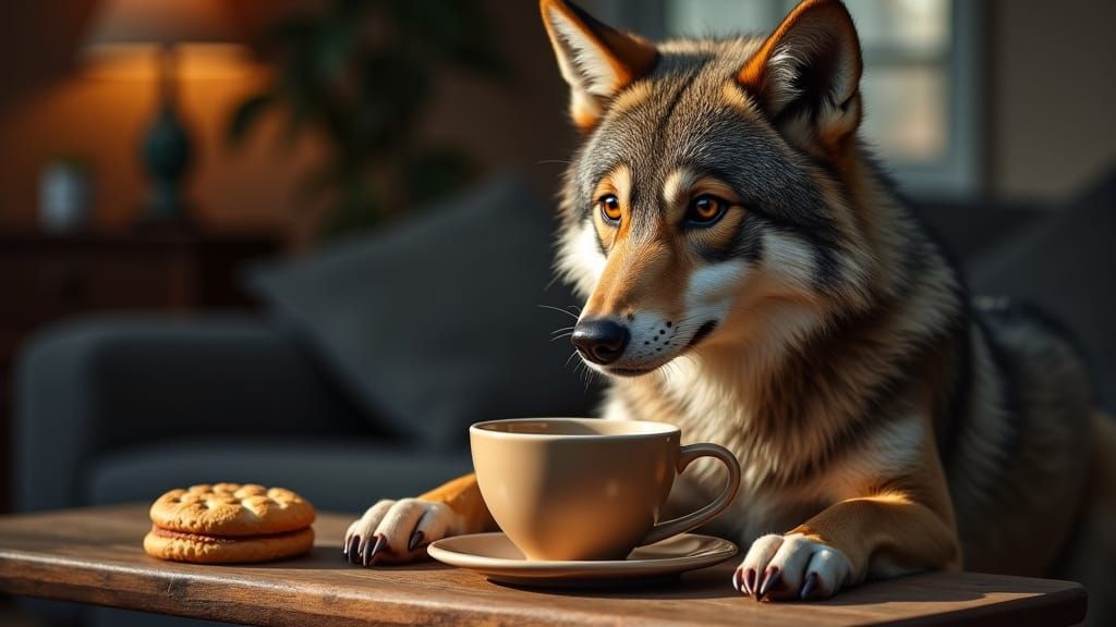 Wolf in a Cozy Moment with Coffee and Biscuit