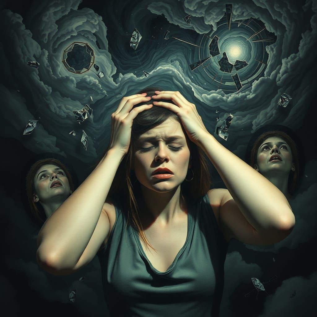 Overwhelmed Woman in Surreal Anguish