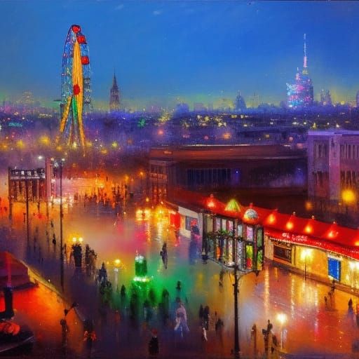 Festive Fairground at Night with Brightly Lit Rides