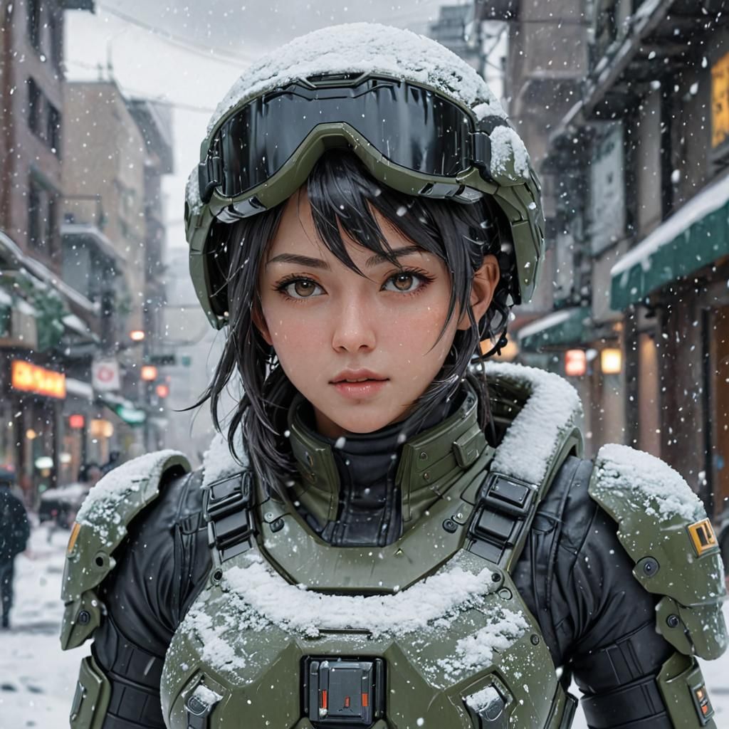 Scifi Soldier Anime Girl in a snow storm...