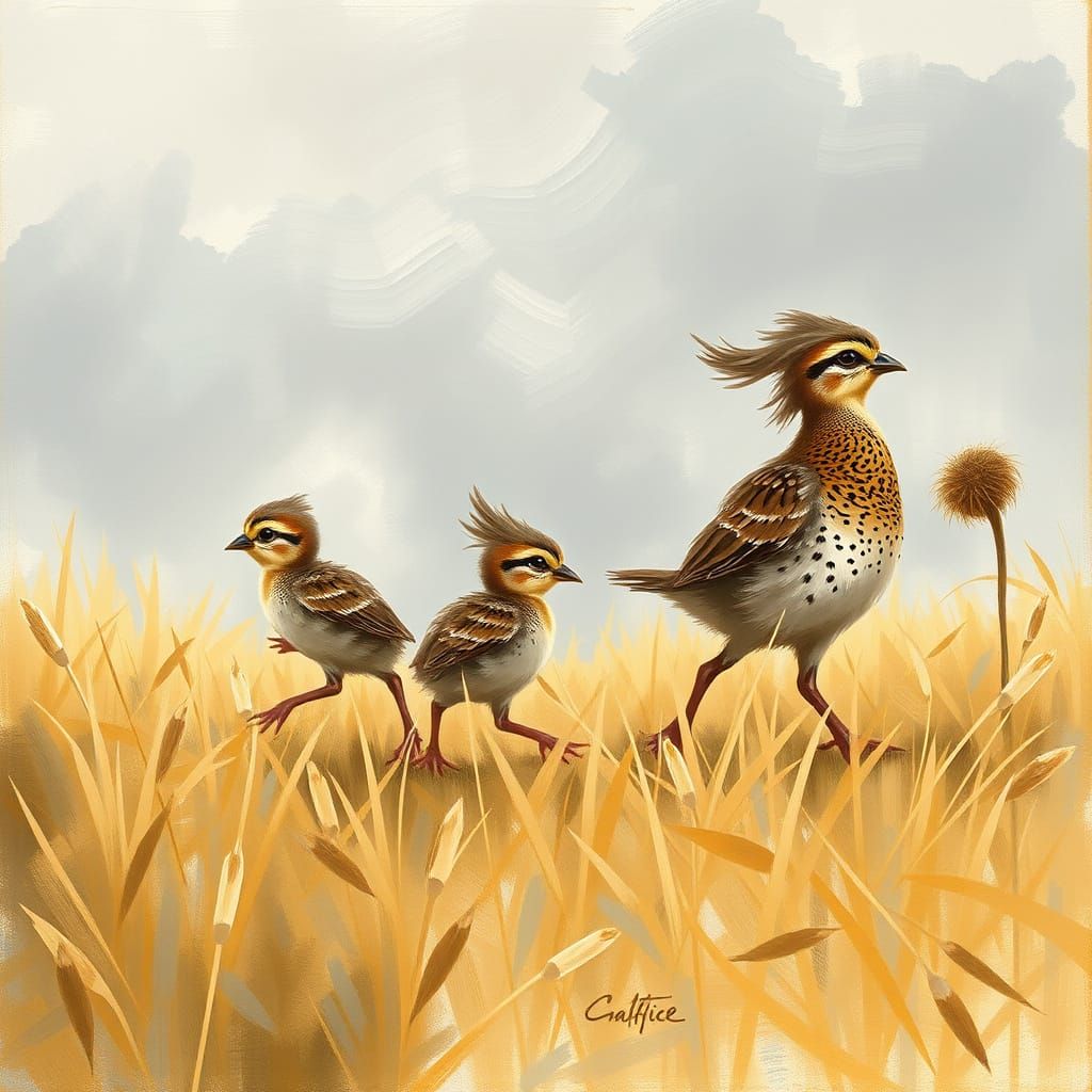 Windblown Quail Family in Impressionist Style
