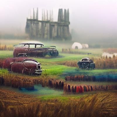 Old Cars in Fog: Detailed Matte Painting