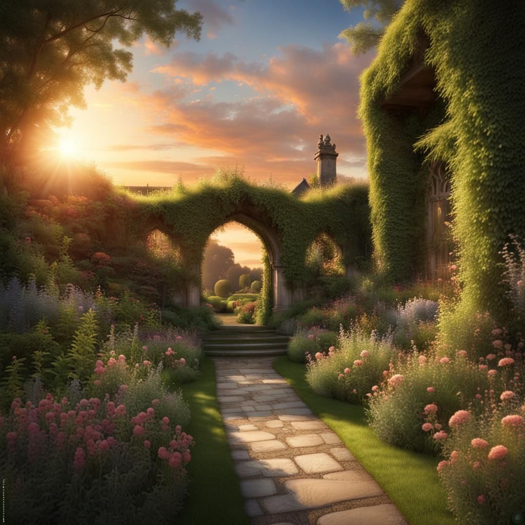 English Secret Garden at Sunset: Detailed Matte Painting