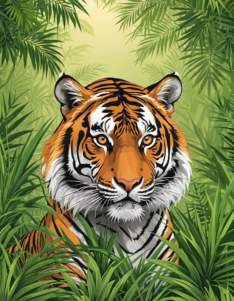 Bengal Tiger Roaming in Vector Jungle