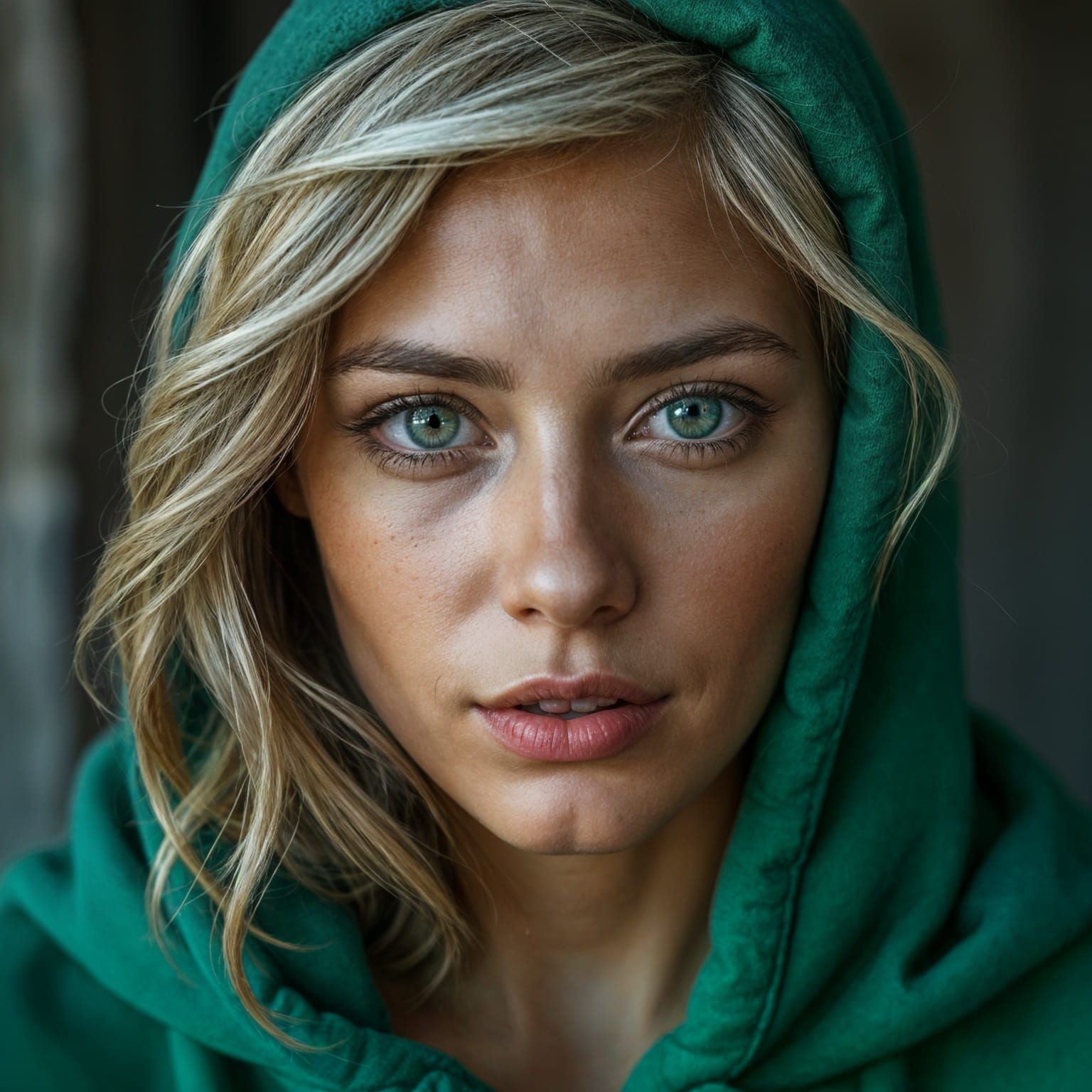 Hyper-Realistic Female Portrait with Emerald Hoodie