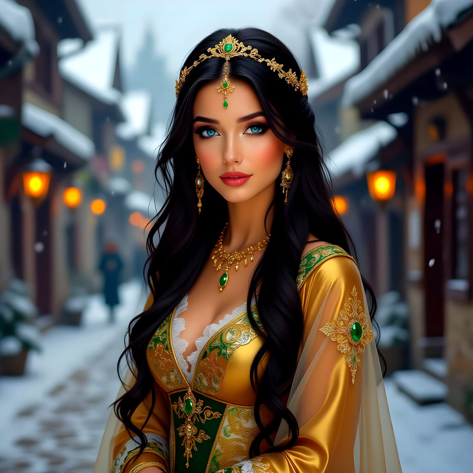 Medieval Woman with Golden Headdress in Alphonse Mucha Style