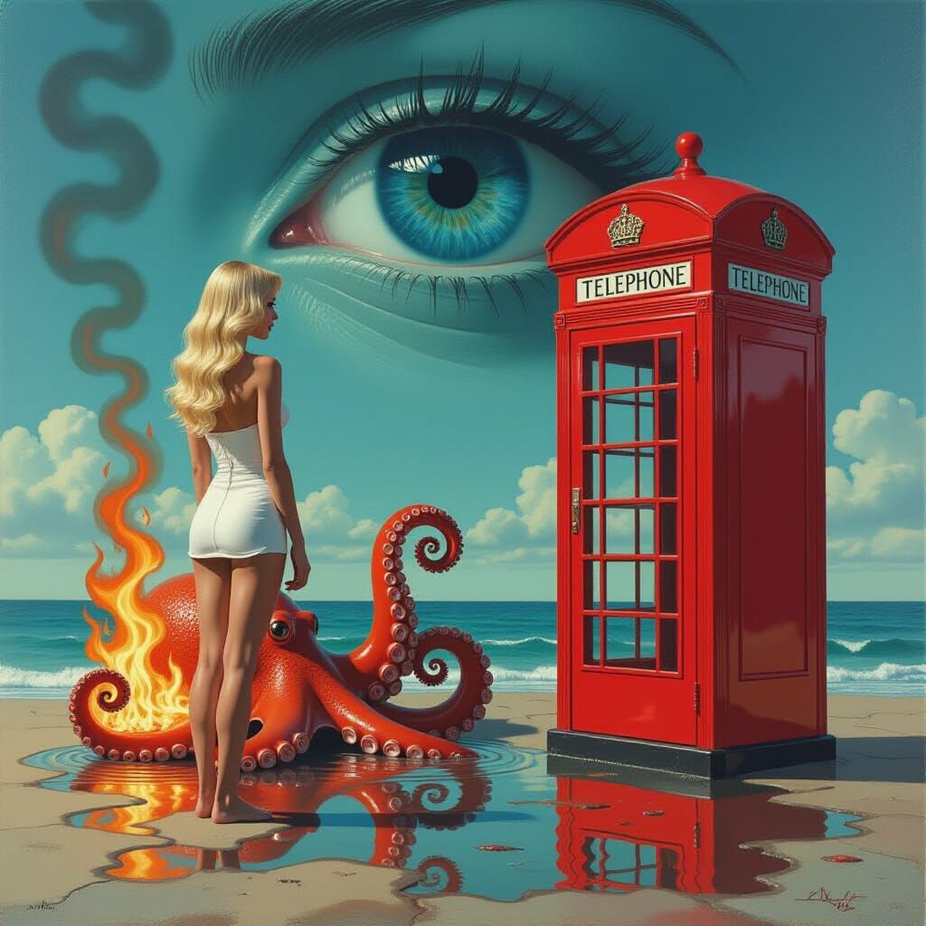 Surreal Melting Scene With Floating Octopus and Giant Eye