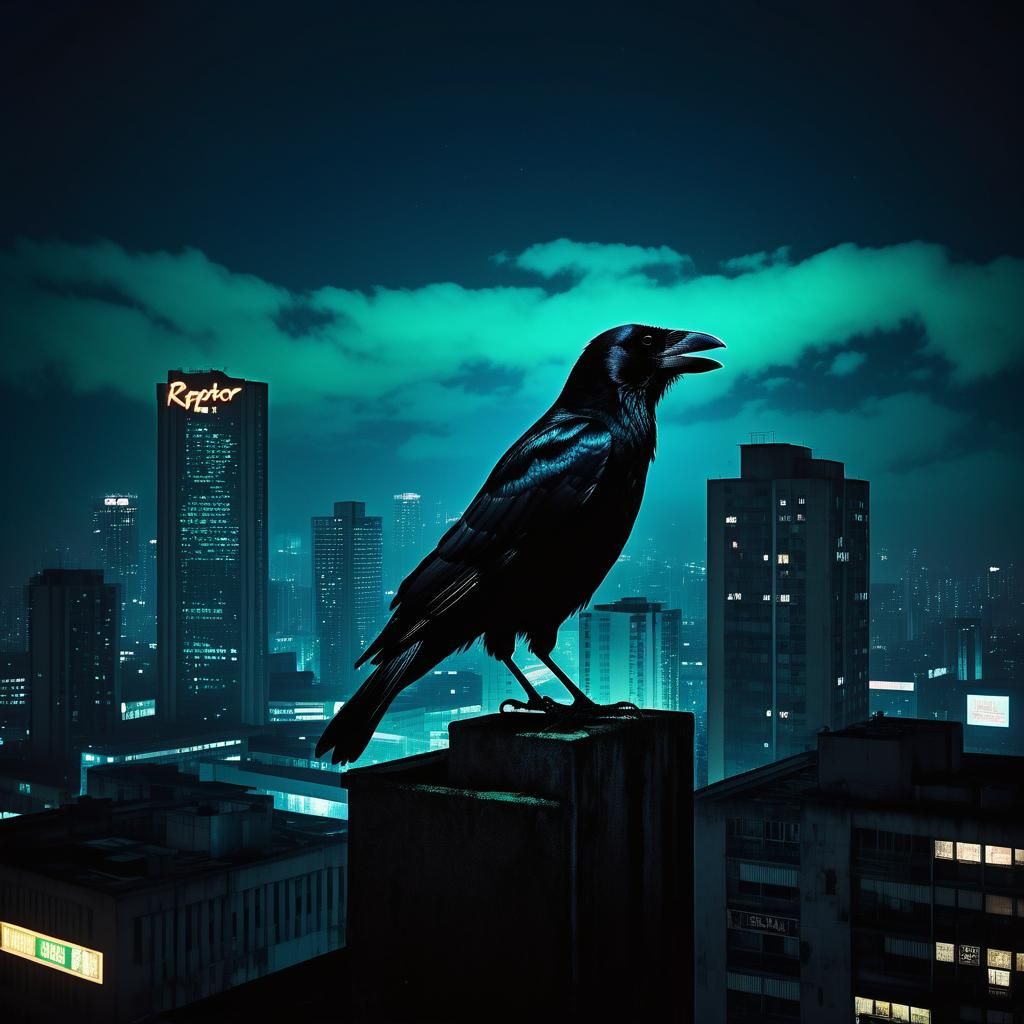 Crow Perched Above Dystopian City at Night