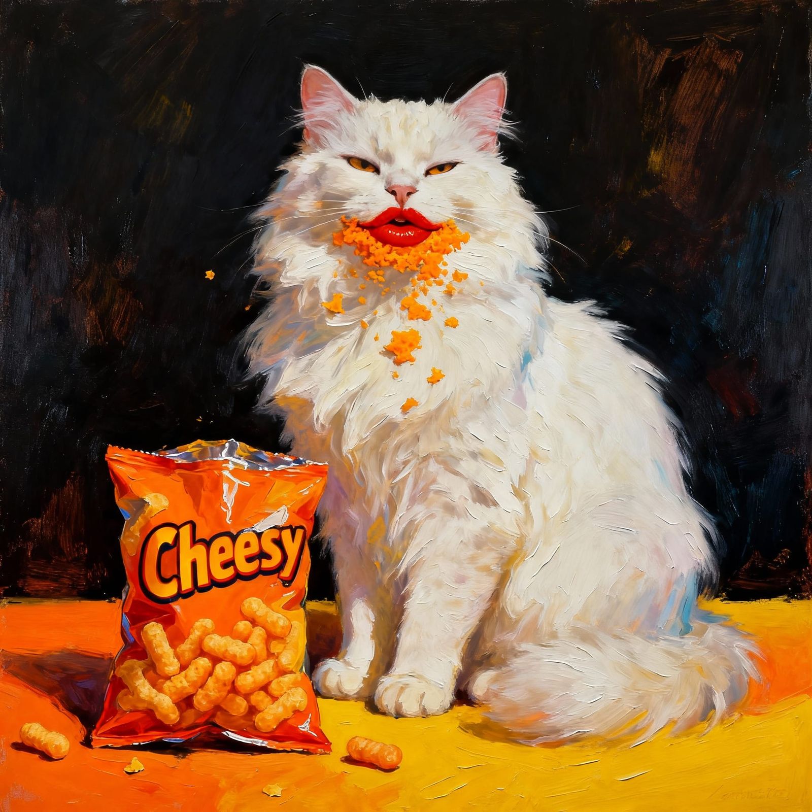 Fluffy Cat with Cheesy Puff Lipstick, Acrylic Painting