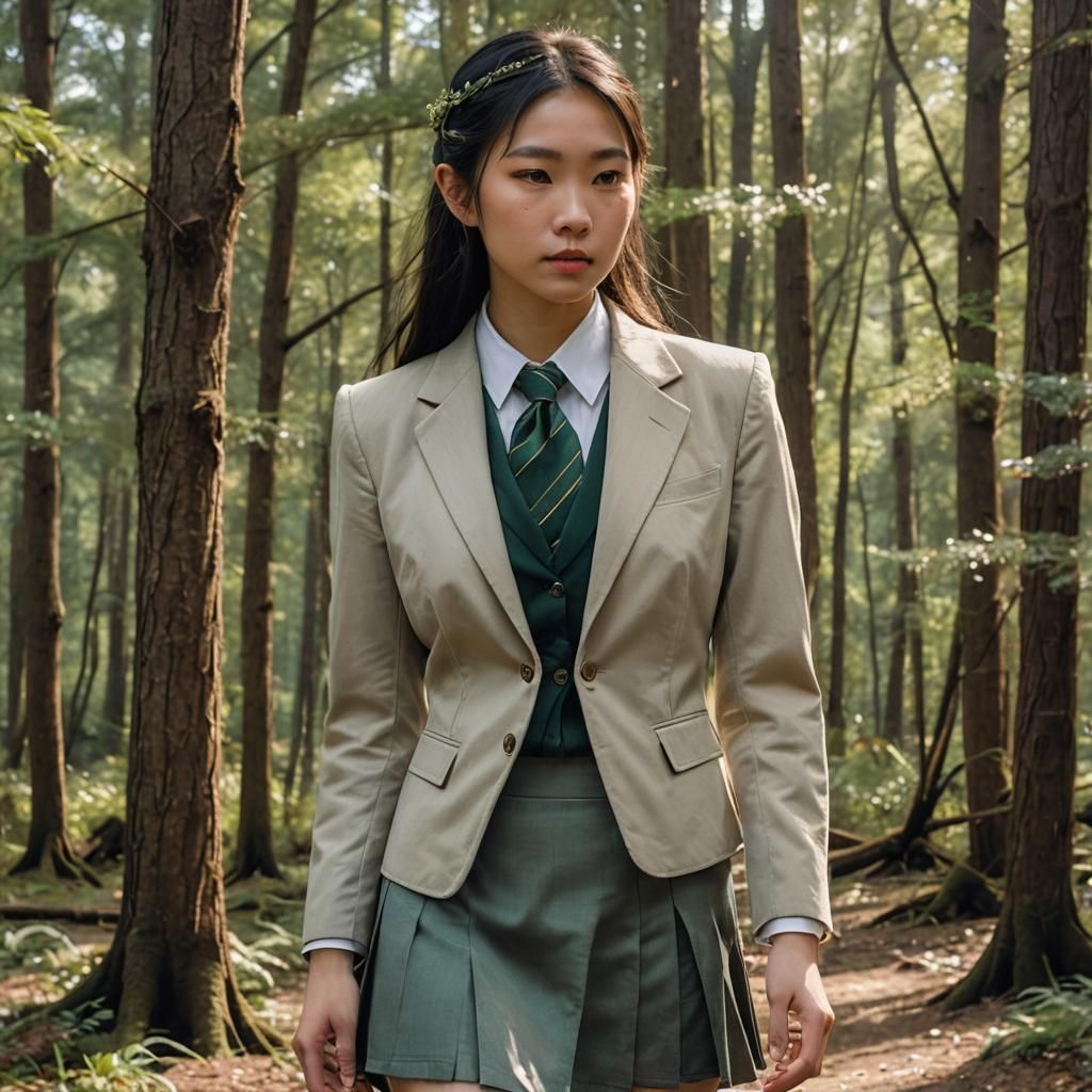 Elven Woman in Skirt Suit at Forest Edge