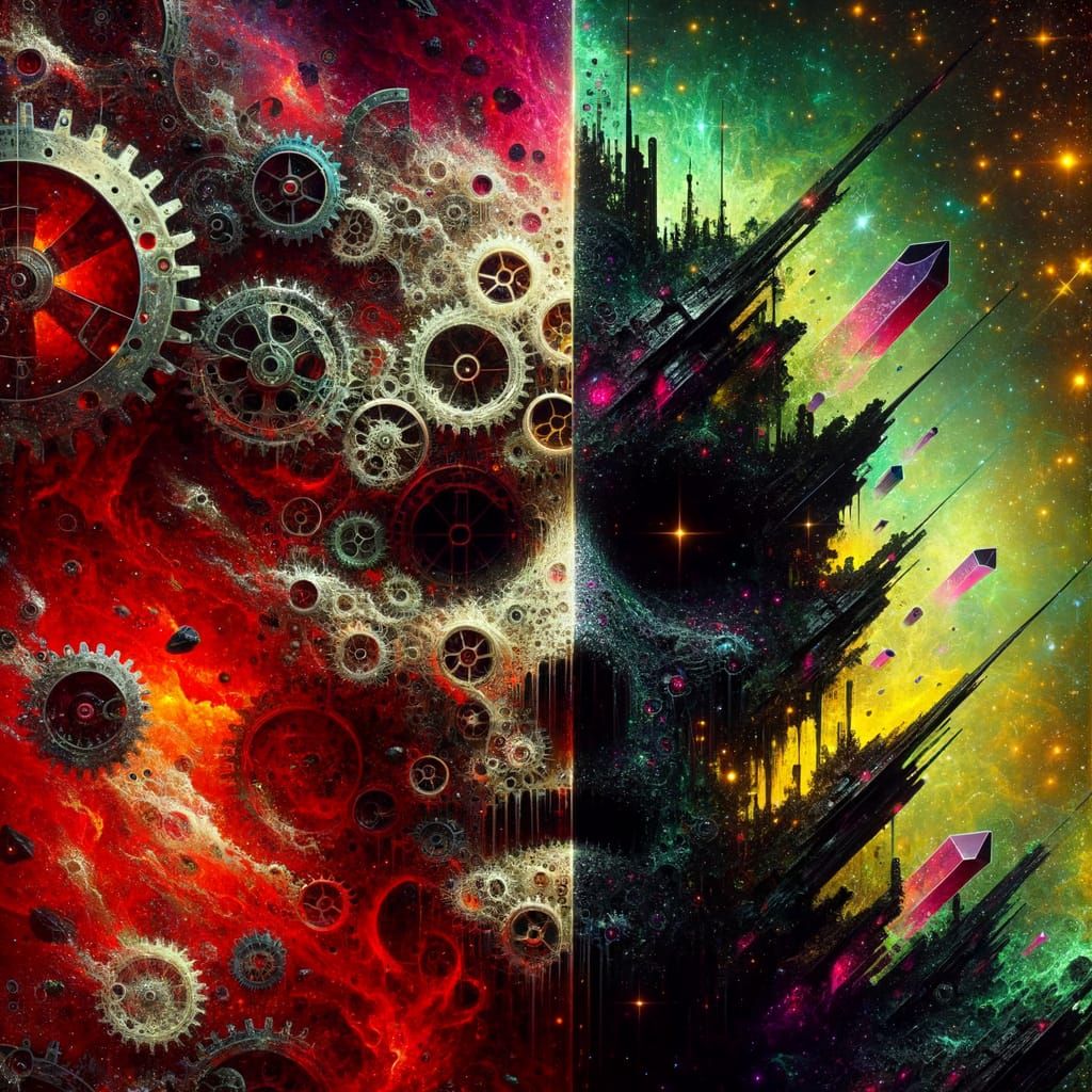 Dystopian Chaos Meets Cosmic Radiance in Cyberpunk Landscape